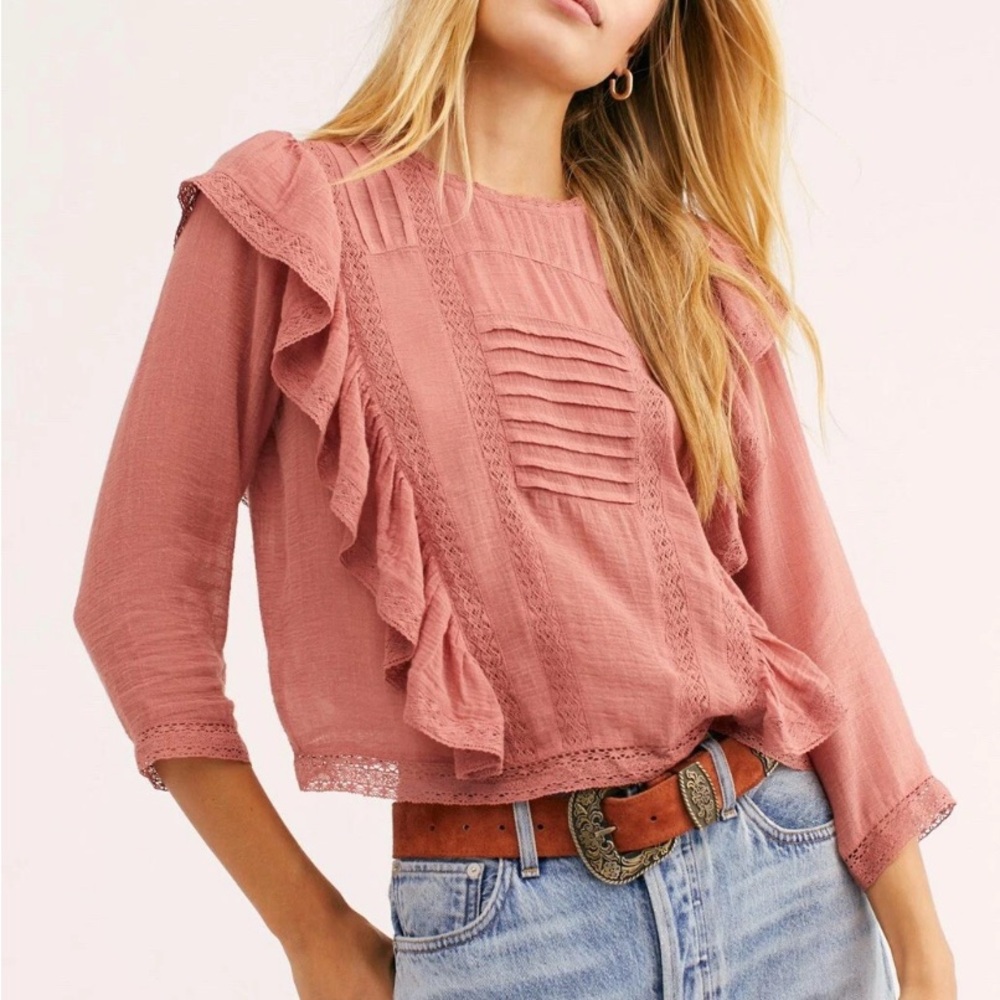 FREE PEOPLE Peasant Boho Ruffle Top Pink Small